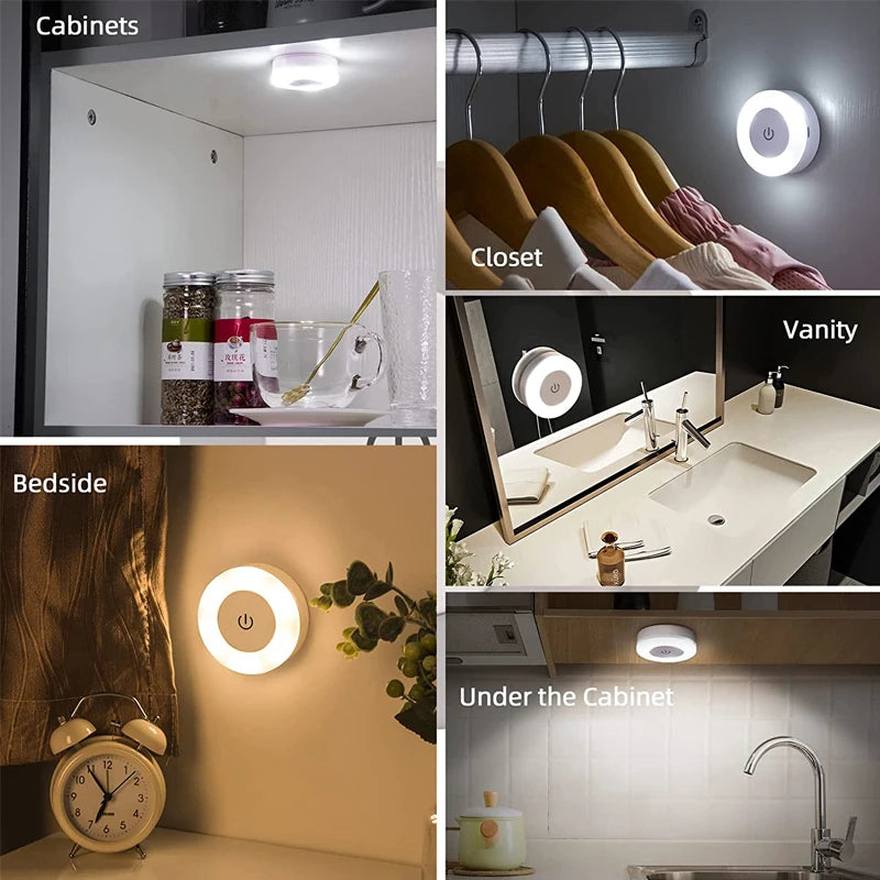 Mini LED Touch Sensor Night Lights USB Rechargeable Kitchen Bedroom Magnetic Base Wall Light Round Portable Dimming Night Lamp